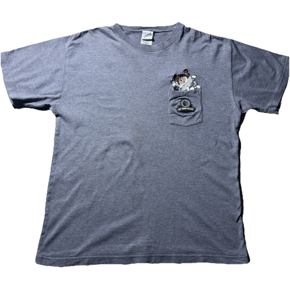 VTG Taz Looney Tunes Bowling Shirt Men's L Gray Pocket 90s Up Your Alley 1999